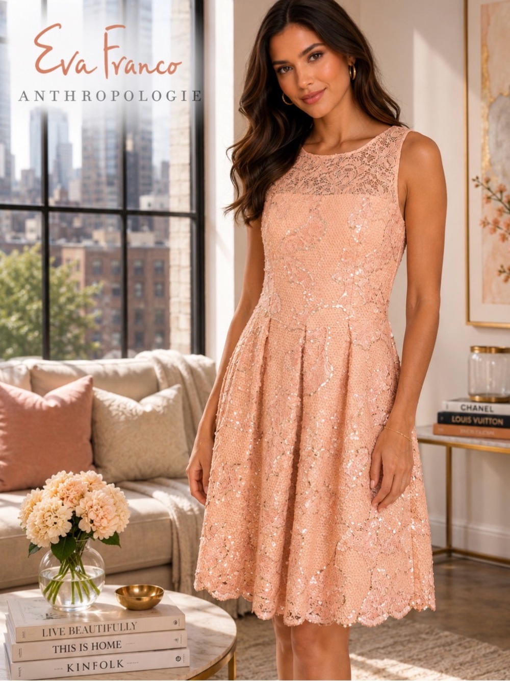 ANTHROPOLOGIE Eva Franco - Blush Pink Sequined Dress W/ Pleats Sz 6